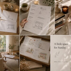 Op de afbeelding: Een collectie witte papieren planners getiteld Sunday Reset, met zwarte lijntekeningen van bloemen en winkelpuien, met secties voor reflectie en planning, weergegeven in verschillende omgevingen met thee en kaarsen.
