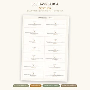 May include: A printable sheet containing 14 rectangular cards, each featuring a Buddhist quote from the Dhammapada. The header reads 365 DAYS FOR A Better You DHAMMAPADA QUOTE CARDS — BUDDHISM. Each card includes a small circular icon and text.