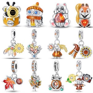 Può includere: Una collezione di dodici ciondoli color argento con vari design, tra cui un'ape con un vasetto di miele, un gufo, uno scoiattolo, un orso, girasoli, foglie autunnali, una fotocamera e uno spaventapasseri, con accenti in smalto colorato.