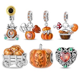 Può includere: Una collezione di sette ciondoli in argento a tema autunnale, tra cui zucche, un riccio, un cestino, un carro e un ciondolo a forma di cuore con pietre arancioni e verdi. Diversi ciondoli presentano dettagli in smalto arancione e cristalli.