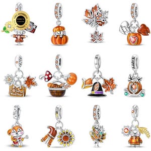 Può includere: Una collezione di dodici ciondoli color argento con motivi autunnali, tra cui zucche, foglie d'acero, girasoli, uno spaventapasseri, un cestino, un cappello da strega, uno scoiattolo e un orso, ciascuno dotato di un piccolo gancio.