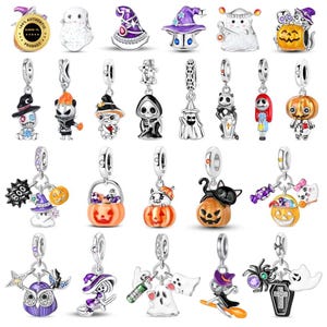 Può includere: Una collezione di ciondoli argentati a tema Halloween con vari disegni tra cui fantasmi, zucche, streghe, gatti e scheletri. Ogni ciondolo include un occhiello in metallo per l'aggancio, alcuni con dettagli in smalto colorato.
