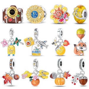 Può includere: Una collezione di dodici ciondoli in metallo color argento con vari design, tra cui una valigia, un girasole, un fiore con farfalla, una perla gialla, icone di viaggio, un vasetto di miele con ape, uno scoiattolo, foglie autunnali e frutti.