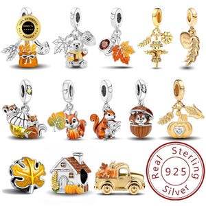 Pode incluir: Uma coleção de doze berloques de prata esterlina com tema de outono, apresentando esquilos, abóboras, um espantalho, uma casa, um caminhão e folhas de outono com detalhes em esmalte laranja, amarelo e marrom. Um selo circular indica 925.