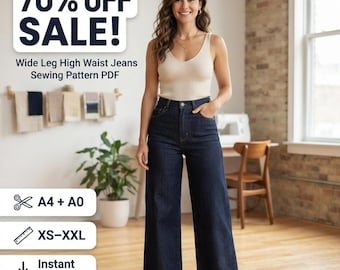 Wide Leg High Waist Jeans Sewing Pattern PDF, Relaxed Fit Denim (XS-XXL)
