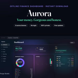 May include: A digital finance dashboard interface titled Aurora, featuring a dark theme with neon accents. The display shows financial metrics, a spending donut chart, cashflow bar graphs, and upcoming expenses. Text includes Offline Finance Dashboard, Instant Download, Your money. Gorgeous and honest, 6 aurora themes, No login, 100% private, and Free updates.