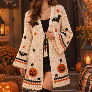 Halloween cardigan crochet pattern PDF, lace mesh sweater, pumpkin bat applique, women’s long cardigan, instant digital download