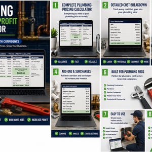 May include: A digital plumbing pricing and profit calculator displayed on a laptop screen, featuring an Excel spreadsheet interface with cost breakdown tables, surcharge lists, and profit summaries, accompanied by various plumbing tools.