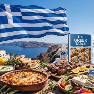 Puede incluir: Un libro de cocina titulado The Greek Table con 30 recetas auténticas y un libro más pequeño titulado Moussaka: All Greece, junto a platos griegos como moussaka, souvlaki, aceitunas, queso feta y limones bajo una bandera griega.