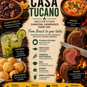 May include: A promotional flyer for Casa Tucano featuring a toucan logo, text, and images of Brazilian dishes including feijoada, moqueca, picanha, caipirinha, and pão de queijo. The layout includes menu categories, a QR code, and website details.
