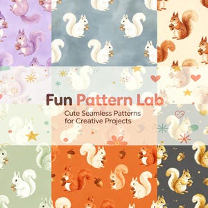 May include: A digital collage of seamless patterns featuring squirrels holding acorns in various colors including purple, blue, orange, green, and gray. The center text reads Fun Pattern Lab, Cute Seamless Patterns for Creative Projects.