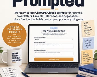Pode incluir: Um portátil exibindo uma ferramenta de criação de prompts, uma caneca branca com texto, um caderno com uma lista de verificação e três livros azuis empilhados. O texto inclui Prompted, 40 prompts ChatGPT/Claude, The AI Job Search Toolkit.
