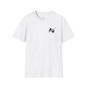 May include: A white short-sleeve t-shirt featuring a crew neckline and a small black graphic logo on the upper left chest. The logo consists of the letters HV stylized with a diagonal slash line running through them, printed on the plain fabric.