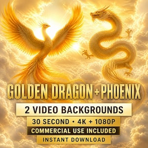 Puede incluir: Un gráfico digital que muestra un fénix dorado con las alas extendidas y un dragón dorado volando a través de un cielo brillante y nublado. El texto dice: GOLDEN DRAGON + PHOENIX, 2 VIDEO BACKGROUNDS, 30 SECOND, 4K + 1080P, COMMERCIAL USE INCLUDED, INSTANT DOWNLOAD.