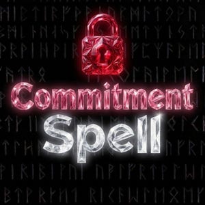 May include: A graphic design featuring a red crystalline padlock at the top, with the text Commitment in red crystal letters below it, and the word Spell in white crystal letters at the bottom, all set against a black background with runes.