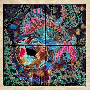 May include: A four-panel canvas painting featuring a large, stylized fish with intricate patterns in neon pink, blue, and orange. The dark background is filled with abstract shapes, glowing circular elements, and swirling lines in vibrant, contrasting colors.
