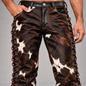 May include: Trousers featuring a brown and white cowhide pattern with a textured fur-like finish. The garment includes a black leather waistband, black leather pocket trim, and brown leather lace-up detailing running down the length of each outer leg.