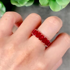 Red Ruby Ring, Emerald Cut Red Ruby Full Eternity Band 925 Sterling Silver Ring, Stackable Wedding Band July Birthstone Jewelry Gift for Her image 2