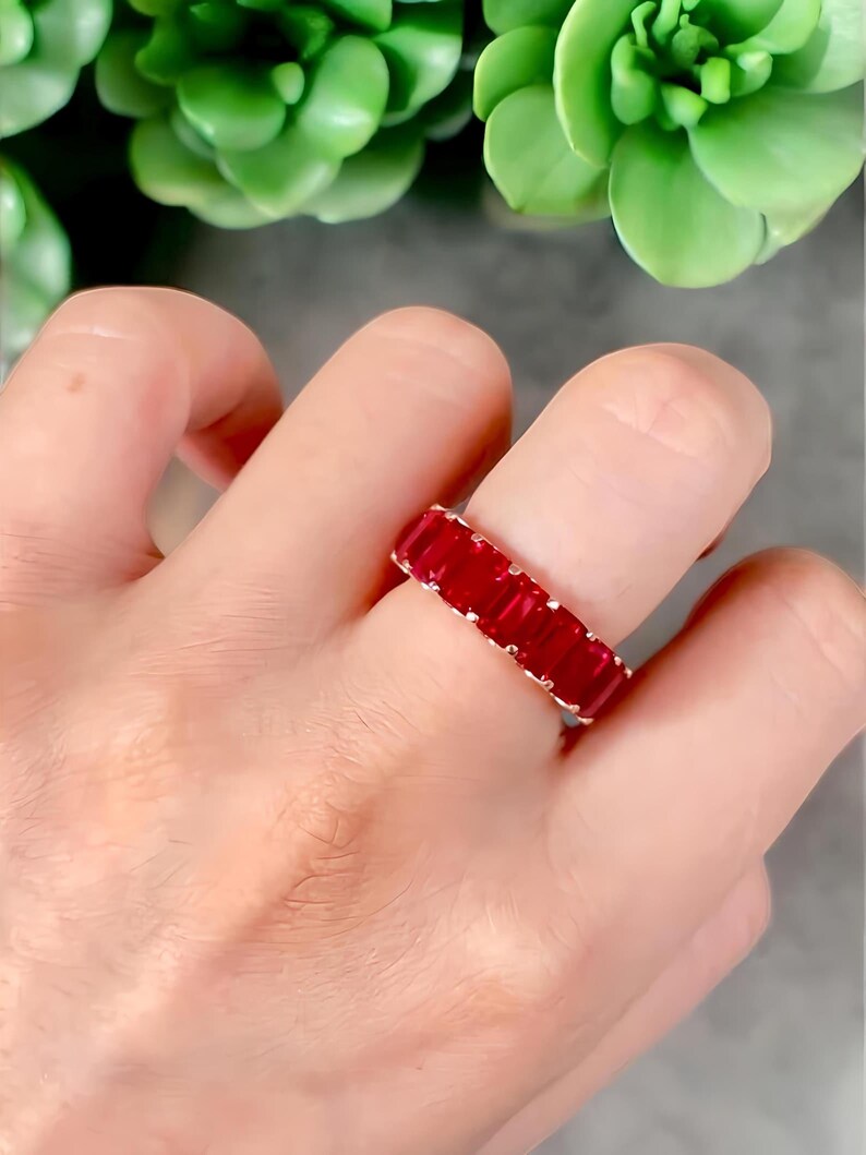 Red Ruby Ring, Emerald Cut Red Ruby Full Eternity Band 925 Sterling Silver Ring, Stackable Wedding Band July Birthstone Jewelry Gift for Her image 2
