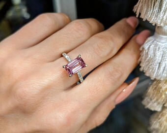 Pink Sapphire Ring, Emerald Cut Pink Sapphire with Pave Band 925 Sterling Silver Ring, Statement Jewelry, September Birthstone, Gift For Her