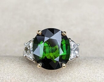 Green Tourmaline Ring, Oval Cut Green Tourmaline with Half Moon Side Stones 925 Sterling Silver Ring, Statement Jewelry, October Birthstone,