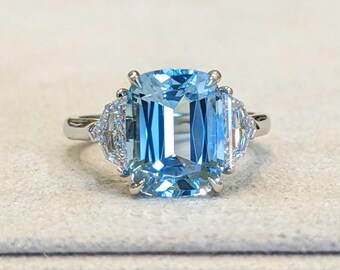 Aquamarine Ring, 925 Sterling Silver Ring, Cushion Cut Blue Gemstone, Three Stone Engagement Ring, Dainty Crystal Ring, Birthstone Jewelry,