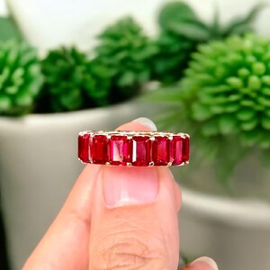 Red Ruby Ring, Emerald Cut Red Ruby Full Eternity Band 925 Sterling Silver Ring, Stackable Wedding Band July Birthstone Jewelry Gift for Her image 3