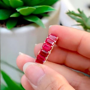 Red Ruby Ring, Emerald Cut Red Ruby Full Eternity Band 925 Sterling Silver Ring, Stackable Wedding Band July Birthstone Jewelry Gift for Her image 4
