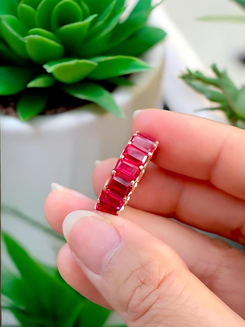 Red Ruby Ring, Emerald Cut Red Ruby Full Eternity Band 925 Sterling Silver Ring, Stackable Wedding Band July Birthstone Jewelry Gift for Her image 4