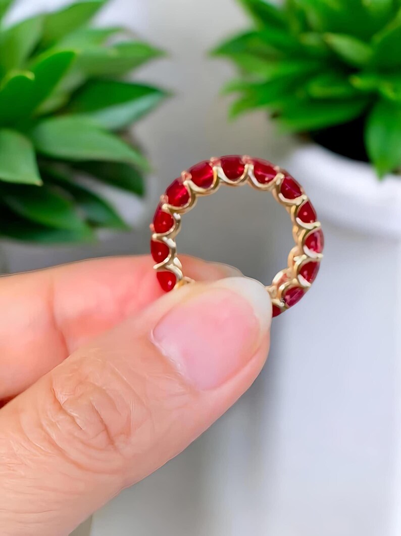 Red Ruby Ring, Emerald Cut Red Ruby Full Eternity Band 925 Sterling Silver Ring, Stackable Wedding Band July Birthstone Jewelry Gift for Her image 6