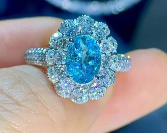 Aquamarine Ring, Oval Cut Blue Aquamarine with Scalloped Double Halo 925 Sterling Silver Ring, Statement Ring, March Birthstone Jewelry Gift