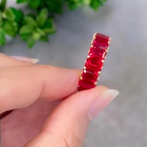 Red Ruby Ring, Emerald Cut Red Ruby Full Eternity Band 925 Sterling Silver Ring, Stackable Wedding Band July Birthstone Jewelry Gift for Her image 5