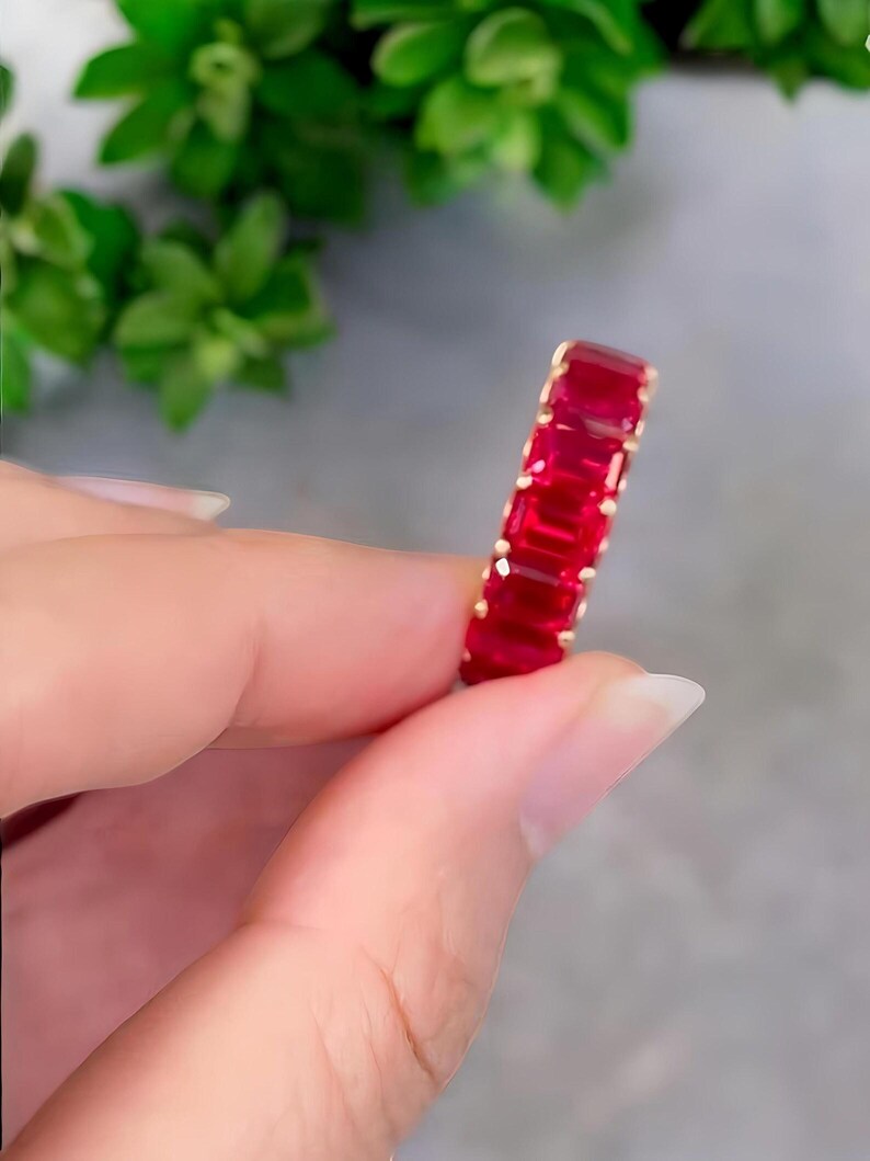Red Ruby Ring, Emerald Cut Red Ruby Full Eternity Band 925 Sterling Silver Ring, Stackable Wedding Band July Birthstone Jewelry Gift for Her image 5