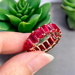 Red Ruby Ring, Emerald Cut Red Ruby Full Eternity Band 925 Sterling Silver Ring, Stackable Wedding Band July Birthstone Jewelry Gift for Her