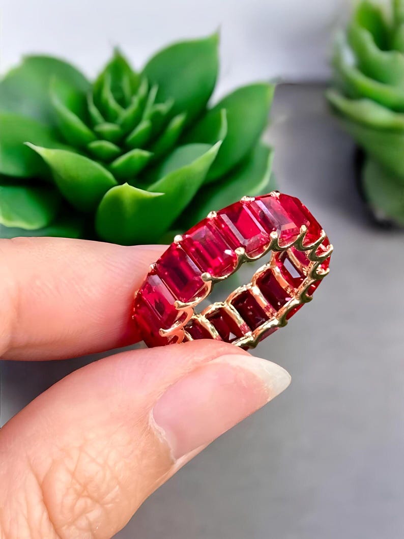 Red Ruby Ring, Emerald Cut Red Ruby Full Eternity Band 925 Sterling Silver Ring, Stackable Wedding Band July Birthstone Jewelry Gift for Her image 1