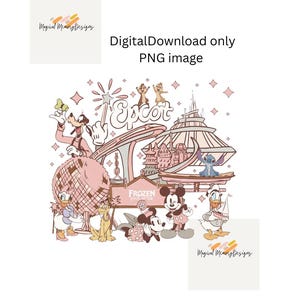 May include: A digital graphic illustration featuring various cartoon characters including Goofy, Daisy Duck, Pluto, Minnie Mouse, Mickey Mouse, Donald Duck, Chip, Dale, and Stitch. The design includes the text Epcot and Frozen Ever After.
