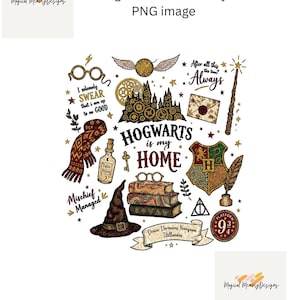Może przedstawiać: Cyfrowy projekt graficzny przedstawiający kolekcję ilustracji fantasy, w tym zamek, tiarę przydziału, szalik, różdżkę, książki, okulary i herb. Tekst zawiera napisy Hogwarts is my Home, I solemnly swear that I am up to no good, Mischief Managed, Always oraz Draco Dormiens Nunquam Titillandus.