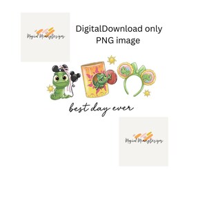 May include: A digital download PNG image featuring a green chameleon character, a yellow lantern, and green ears with the text "DigitalDownload only PNG image" and "best day ever". The design includes small yellow sun icons and two logos.