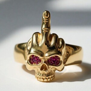 18K Gold Skull Ring with Ruby Eyes, Gothic Punk Statement Jewelry