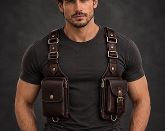 Handmade Leather Chest Rig Harness Bag | Vintage Tactical Shoulder Pouch for Men