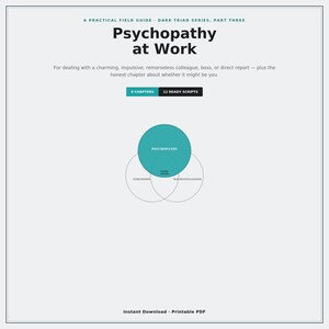 Puede incluir: Un documento digital titulado Psychopathy at Work, A Practical Field Guide, Dark Triad Series, Part Three. Incluye un diagrama de Venn color verde azulado que muestra Psychopathy, Narcissism y Machiavellianism, con botones para 9 Chapters y 12 Ready Scripts.