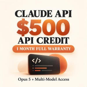 Peut inclure: Un affichage graphique avec le texte CLAUDE API, $500 API CREDIT, 1 MONTH FULL WARRANTY et Opus 5 + Multi-Model Access. Une icône rectangulaire noire avec un symbole de code blanc et des lignes horizontales se trouve sous le texte orange.