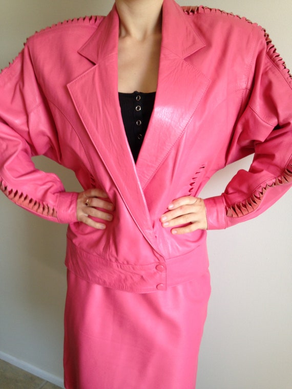80s two piece set power suit salmon pink leather jacket and | Etsy