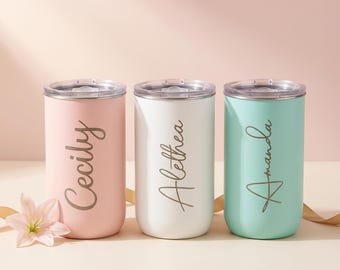 Personalized stainless steel travel mug with engraved name, custom drinkware, insulated tumbler, gift for her or him, reusable coffee cup