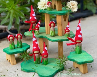 Waldorf/Montessori Inspired Toadstool Family of Gnomes, Handmade, Hand Painted Wooden Peg Dolls Set
