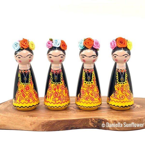Captivating Frida Kahlo Inspired Hand-Painted Wooden Peg Doll/Ornament