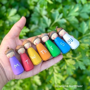 Days of the Week Waldorf/Montessori Inspired Acorn Rainbow Water Colored Wooden Girl Peg Dolls Finished with Beeswax (Set of 7)