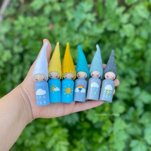 Waldorf/Montessori Inspired Weather Large Gnome/Peg Dolls(sunny,cloudy&sunny,lighting storm,snowy,nightime,rainy,rainbow,windy and more)