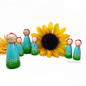 Mushroom Sunflowers Spring Peg Dolls - Hand Painted