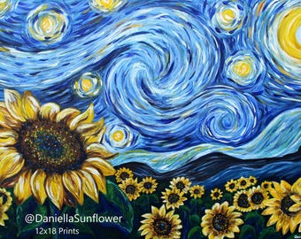 May include: A painting featuring a large yellow sunflower in the foreground and a field of smaller sunflowers below a swirling blue night sky with a bright yellow crescent moon and stars. Text reads @DaniellaSunflower 12x18 Prints.